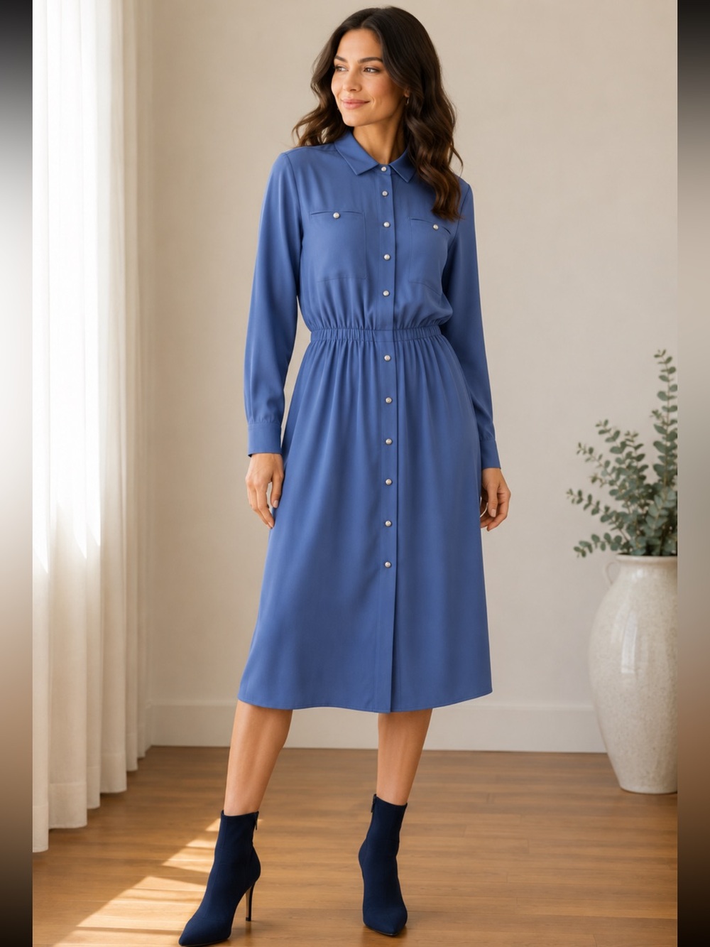 Liz Claiborne Periwinkle Button-Front Long Sleeve Shirt Dress size 4, silk 100%